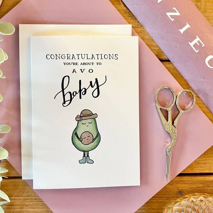 Baby – Punny “Avo Baby” Avocado Greeting Card for wholesale by kenziecards