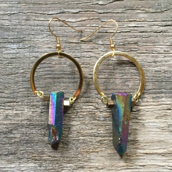 Handmade Peacock Titanium Quartz Brass Earrings Gold Plated for wholesale by Hello Stranger