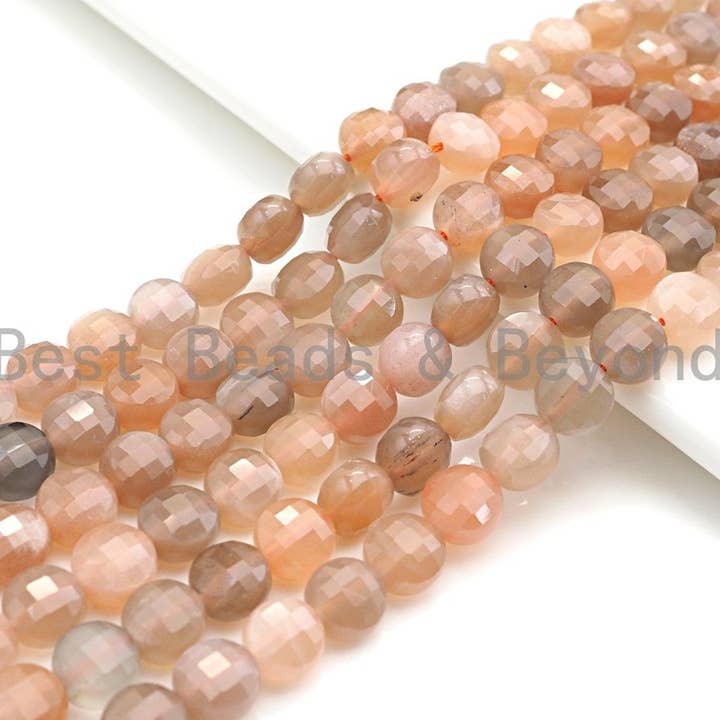 BestBeads&Beyond - Vente Perle - Perles en forme de pièce de monnaie en damier de pierre de lune naturelle de haute qualité, perles de pierre de lune taillées en coquille de tortue de 6 mm/8 mm/10 mm, 16" plein brin, sku #UA49