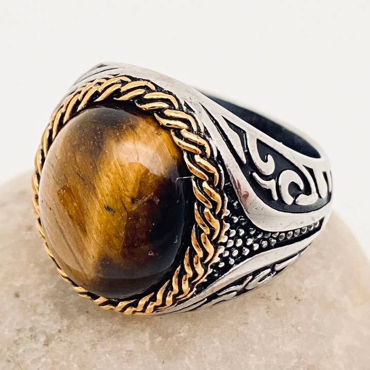 MJ/MR - Anillo de acero inoxidable con piedra natural ojo de tigre para venta al por mayor de Mio Queena
