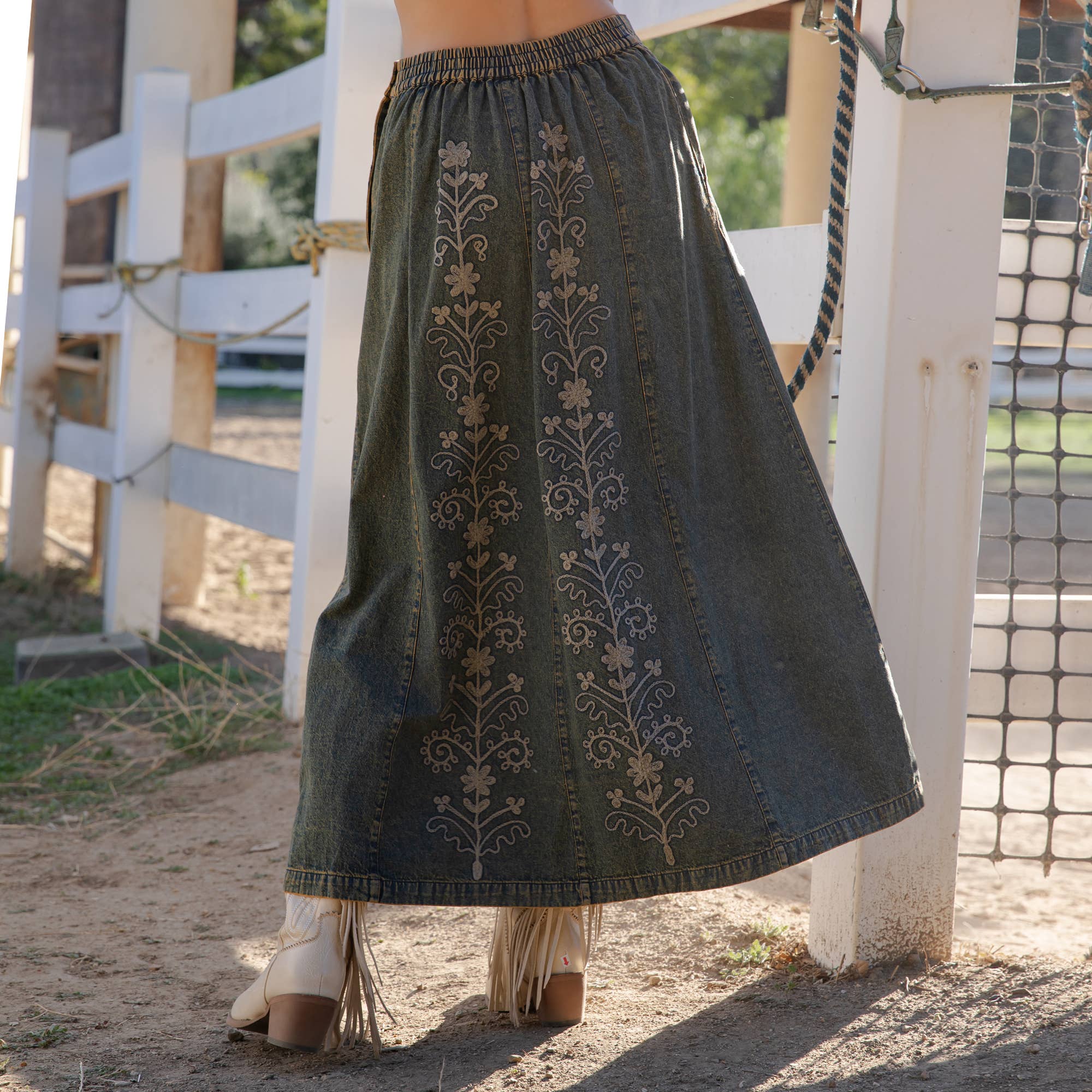 Young Threads - Wholesale Skirt - Women's - Artisan Floral Embroidered Denim Maxi Skirt (NEW)7