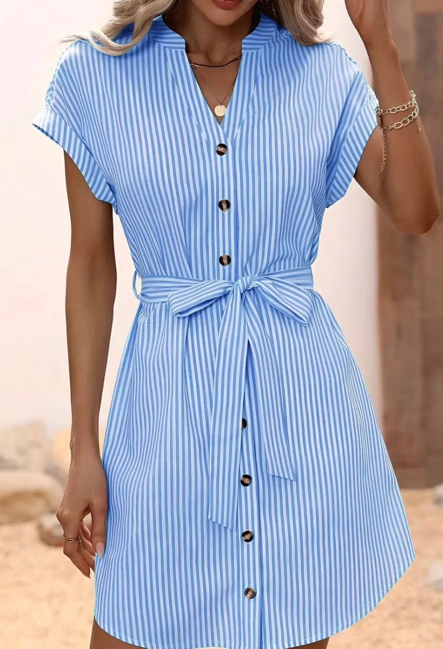 LOOWIE - Wholesale Dress - Women's - D640 Purple Striped Cotton Shirt Dress Short Sleeves LOOWIE0