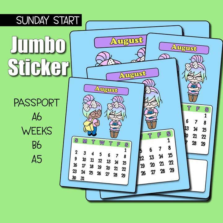 2026 August Kalender Jumbo Aufkleber - Sonntag Start für den Großhandel von Shine Sticker Studio