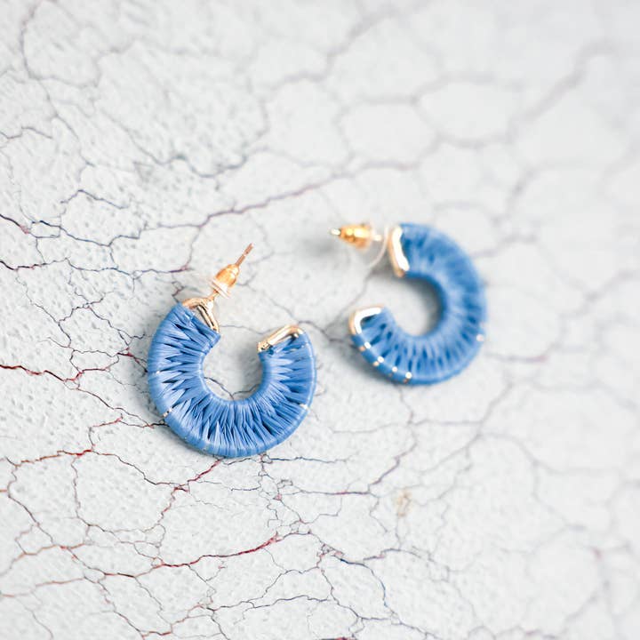 Rahab's Rope - Wholesale Single Earring - Blue Raffia Wrap Hoops