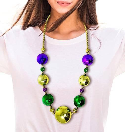 4E's Novelty - Wholesale Beaded/Pearl Necklace - 4E's Novelty Jumbo Mardi Gras Bead Necklace – Purple, Gold, Green Disco Ball Design0