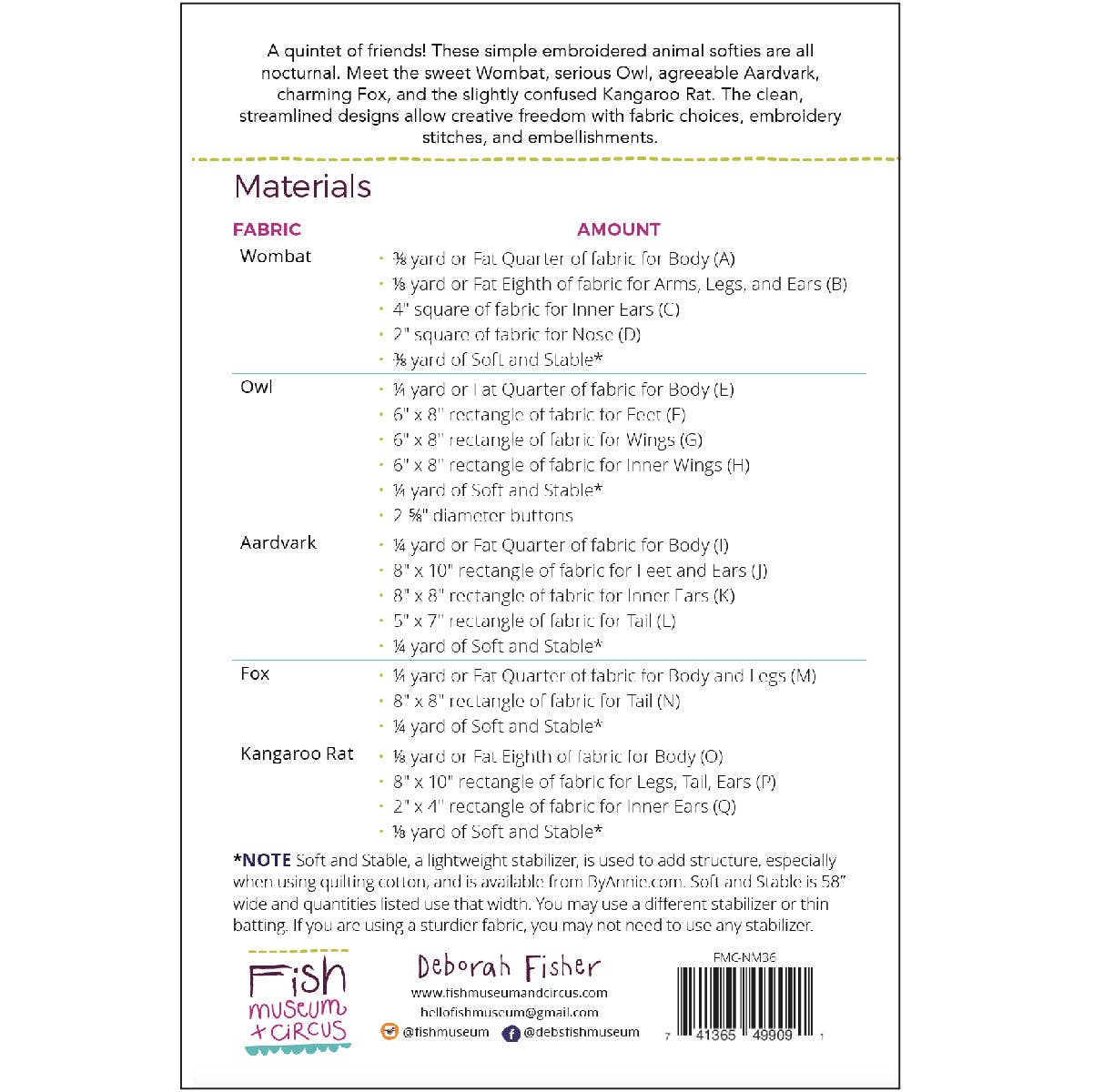 Fish Museum and Circus - Wholesale Craft Sewing Kit - Wholesale-Nocturnal Menagerie Pattern (Pack of 3)1