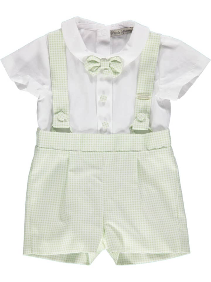 Body verde da bambino con papillon e bretelle per la vendita all'ingrosso da parte di Piccola Speranza