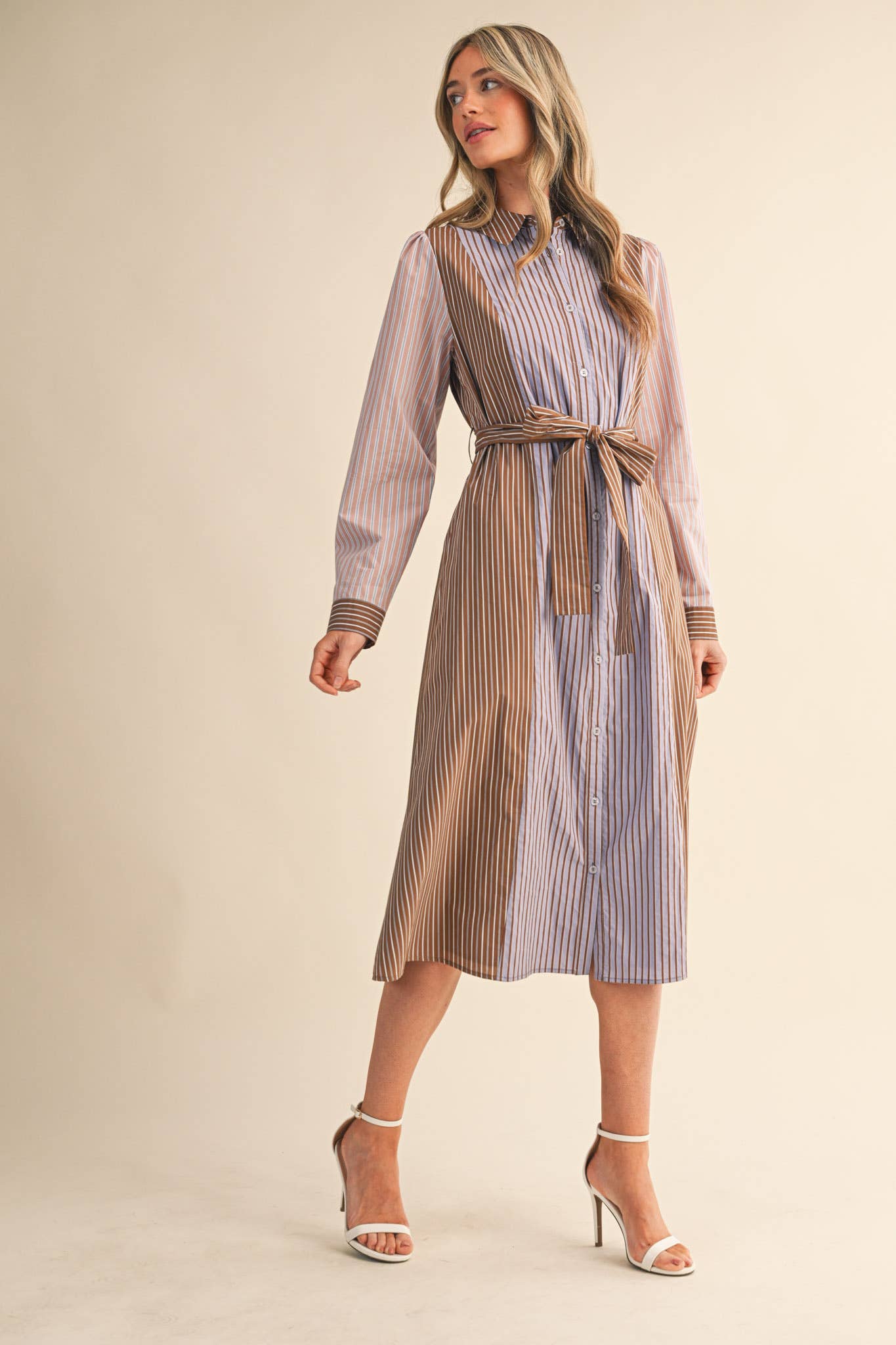 COCOA BLUE MULTI MIXED STRIPE BELTED BUTTON DOWN MIDI DRESS MDR4303 for wholesale on Faire5