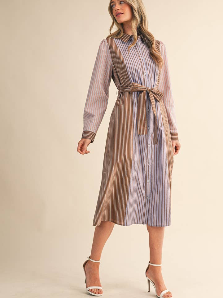 COCOA BLUE MULTI MIXED STRIPE BELTED BUTTON DOWN MIDI DRESS MDR4303 for wholesale on Faire5