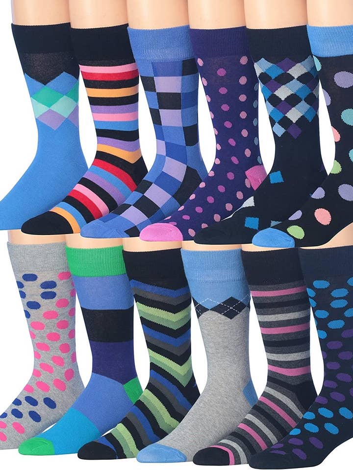 James Fiallo Mens 12 Pairs Funny Faces Striped Colorful Crew Socks for wholesale by Gold Hose LLC