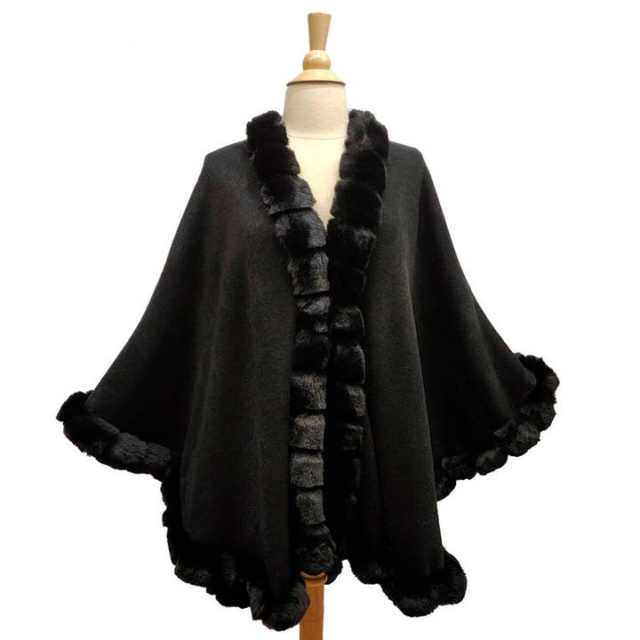 Madeline Love - Wholesale Poncho - Women's - Elegant Faux Fur Trim Knit Poncho Ruana Cape