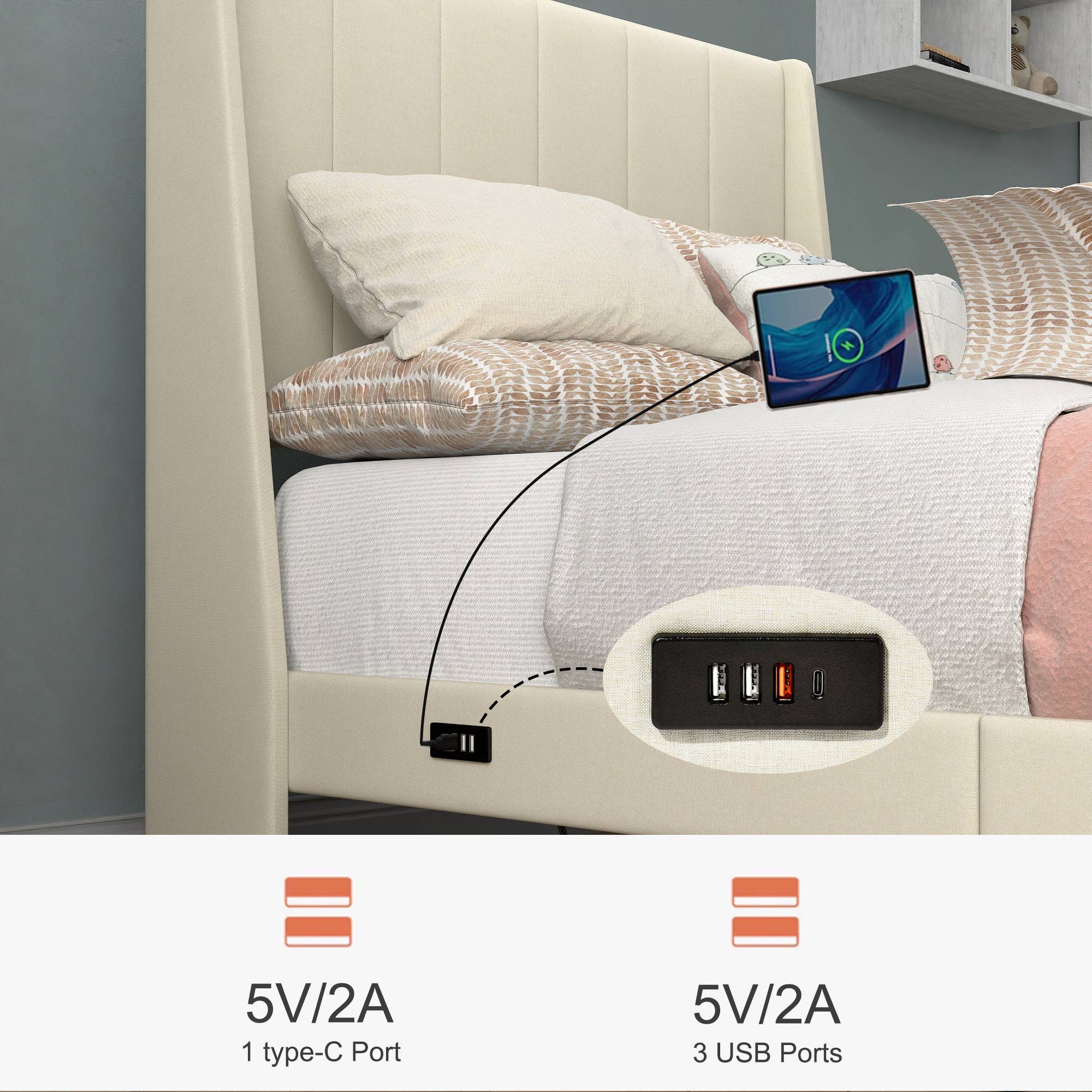 39F Inc. - Wholesale Bed - Twin Size Upholstered Platform Bed Frame w Drawer &USB2