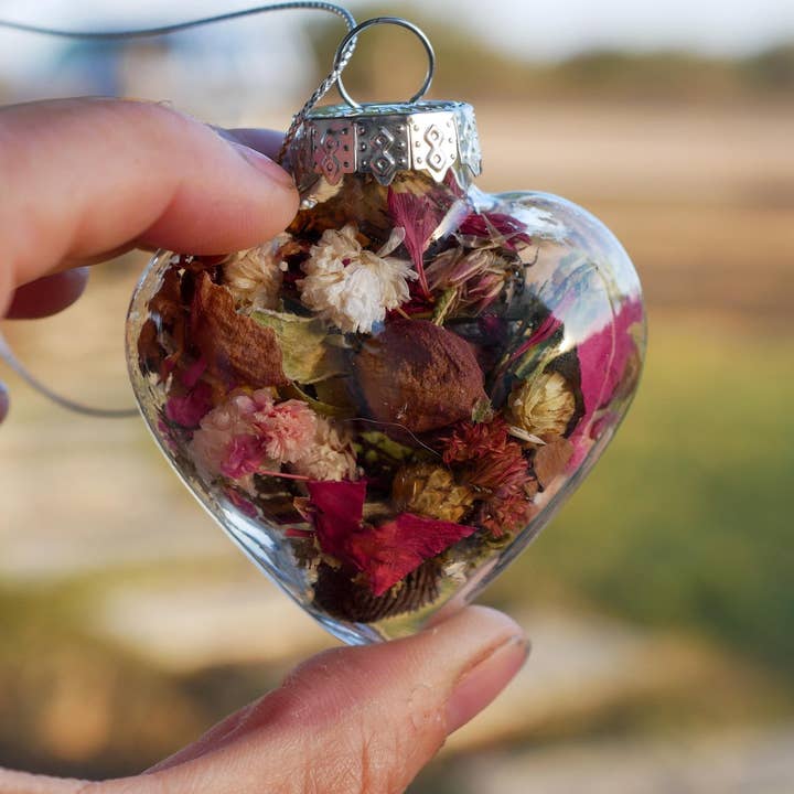Dried flower heart ornaments, glass rustic heart decor for wholesale by Remedy Designs