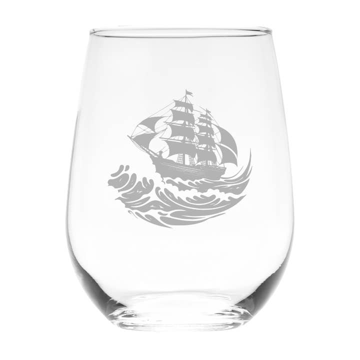 Stormy Sea Voyage Nautical Ship Stemless Wine Glass, 17 oz for wholesale by C&M Personal Gifts