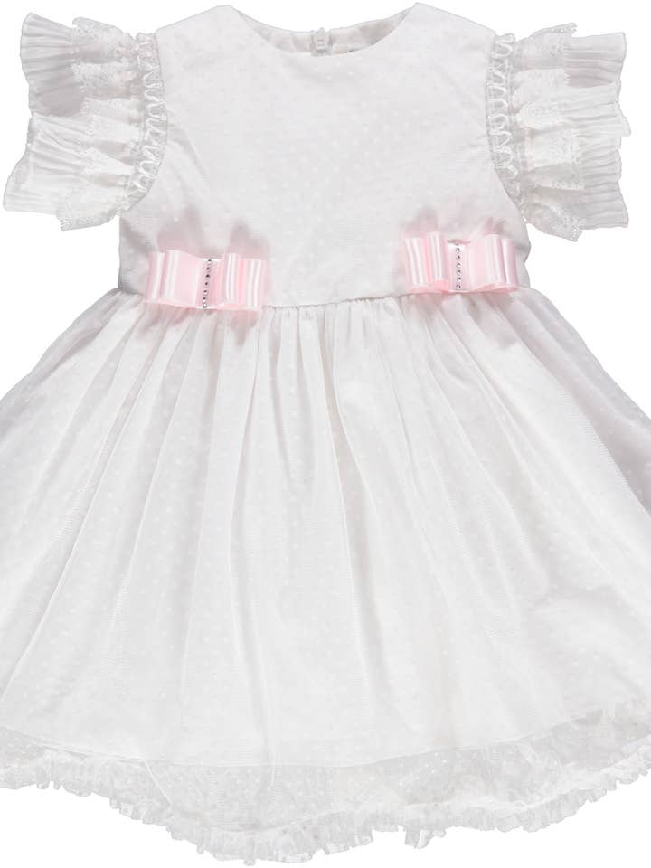 Witte feestjurk voor babymeisje met kant en roze strikjes voor wholesale door Piccola Speranza