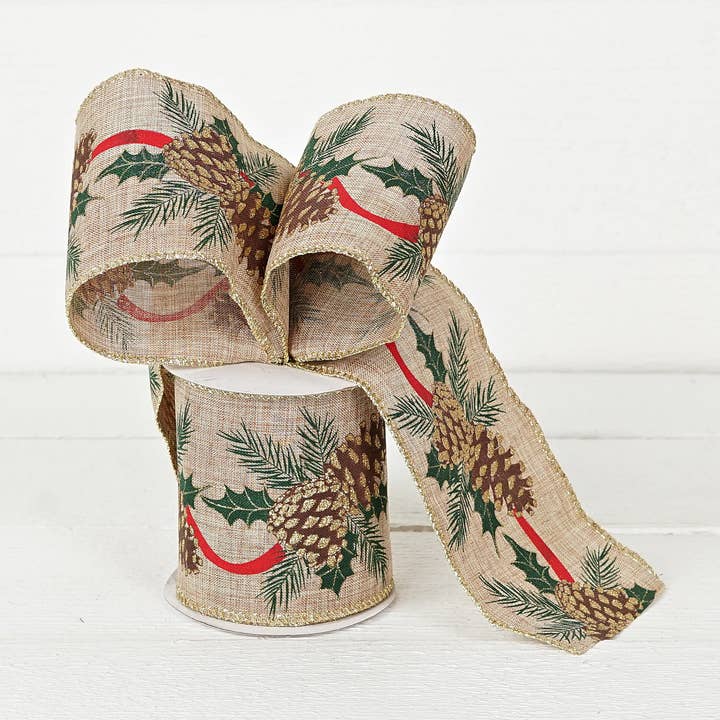 R32963-Wired Ribbon-Burlap-Pinecone Garland (4inW) for wholesale by Impressive Enterprises, Inc.