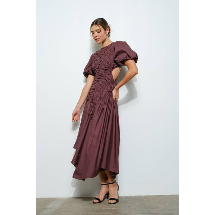 INA - Wholesale Dress - Women's - Cotton Short Puff Sleeve Drawstring Midi Dress