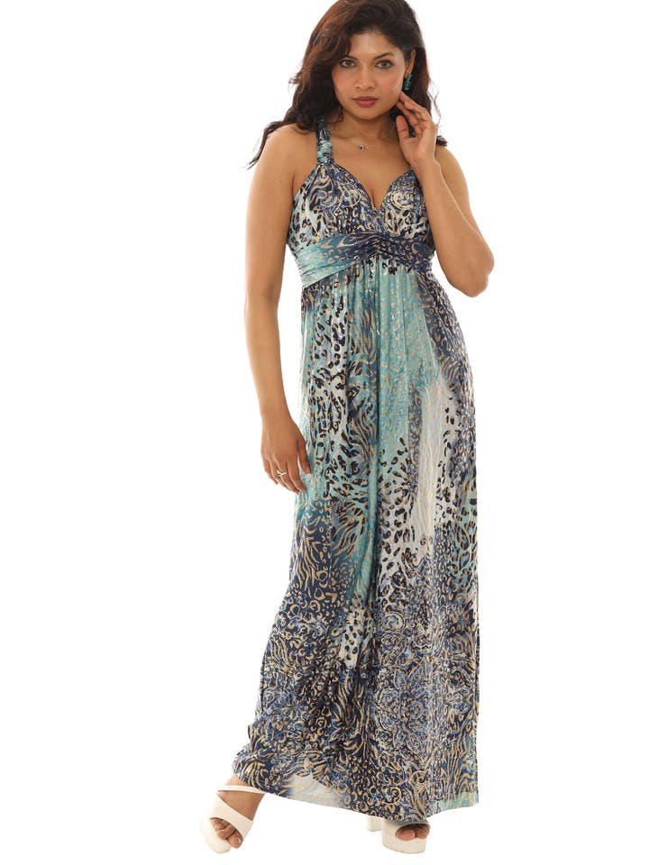 Abstraktes Tiermuster Goldfolien-Druck Neckholder-Maxikleid für den Großhandel von Shoreline Wear. INC