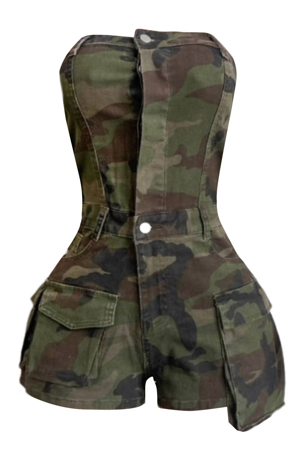 NR5003B Camo Strapless Cargo Romper for wholesale on Faire