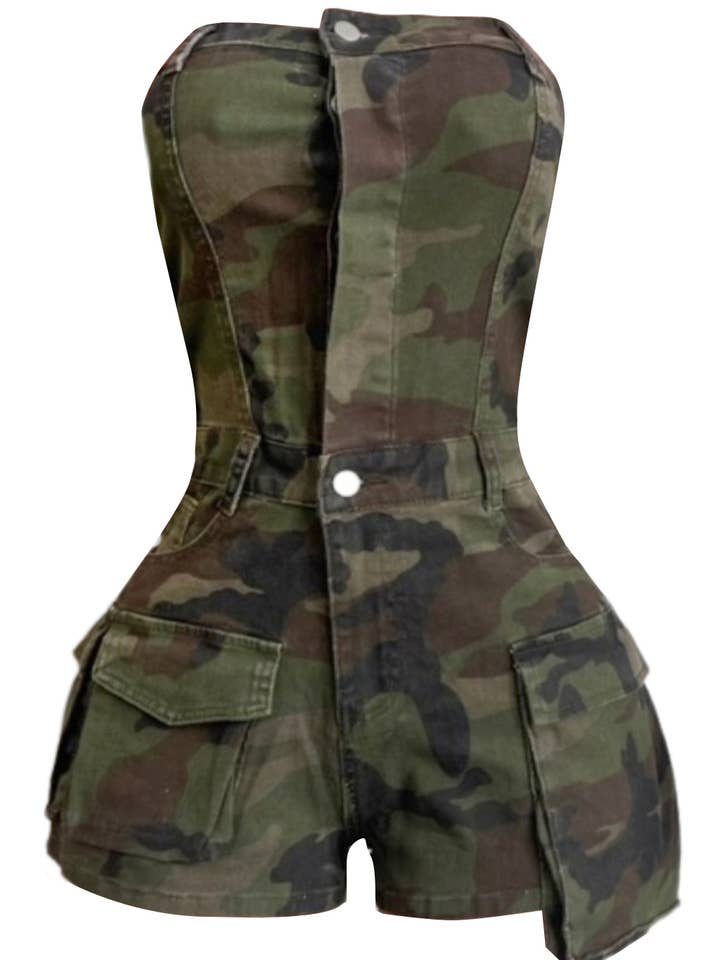 NR5003B Camo Strapless Cargo Romper for wholesale on Faire0