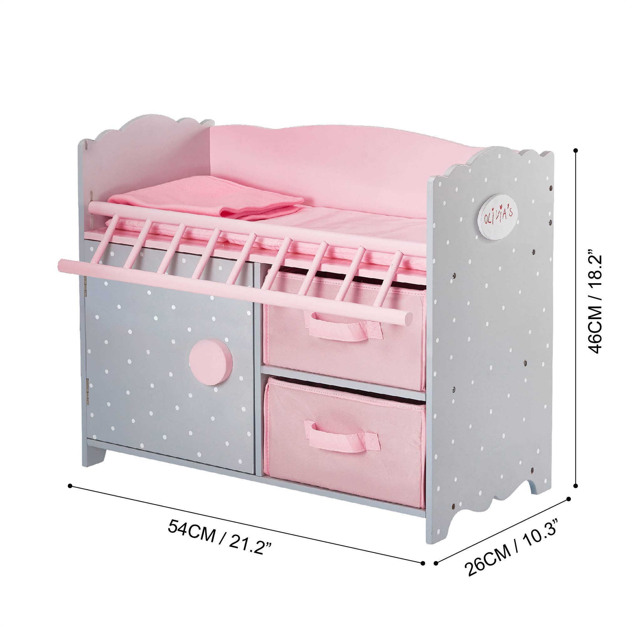 Pink Grey Polka Dots Princess Baby Doll Crib with Cabinet and Cubby for wholesale on Faire2