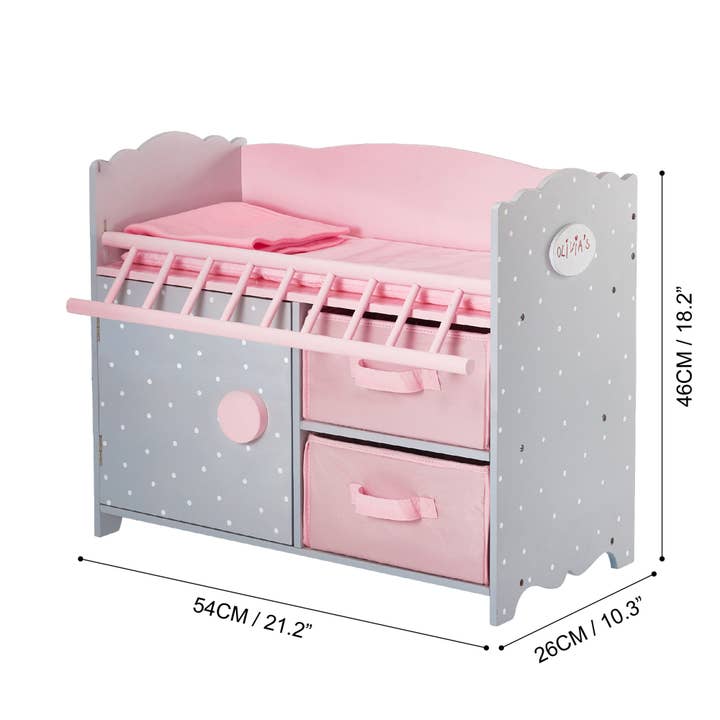 Pink Grey Polka Dots Princess Baby Doll Crib with Cabinet and Cubby for wholesale on Faire2