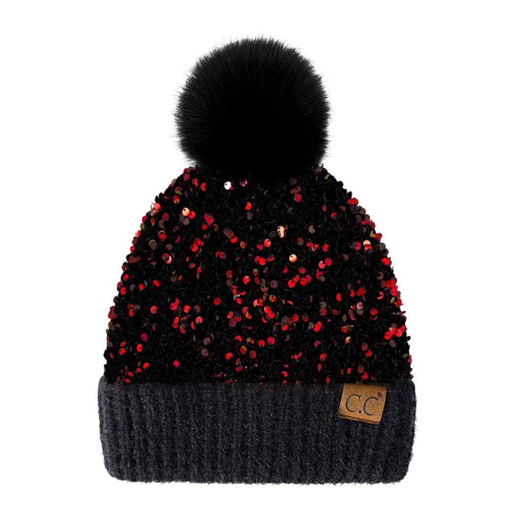 Fashion City - Wholesale Beanie - Women's - Glitter Sequined Cuff Beanie with Pom Pom3