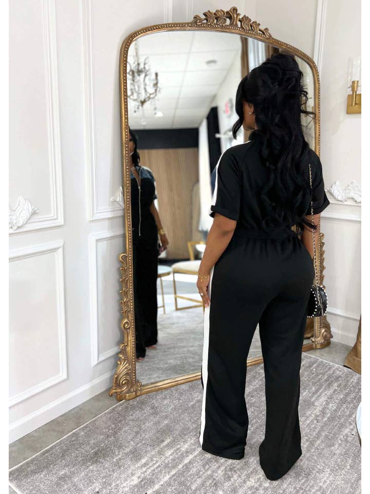 Queen Fashion - Wholesale Top & Skirt Set - Women's - collar short sleeve long zipper one piece trousers1