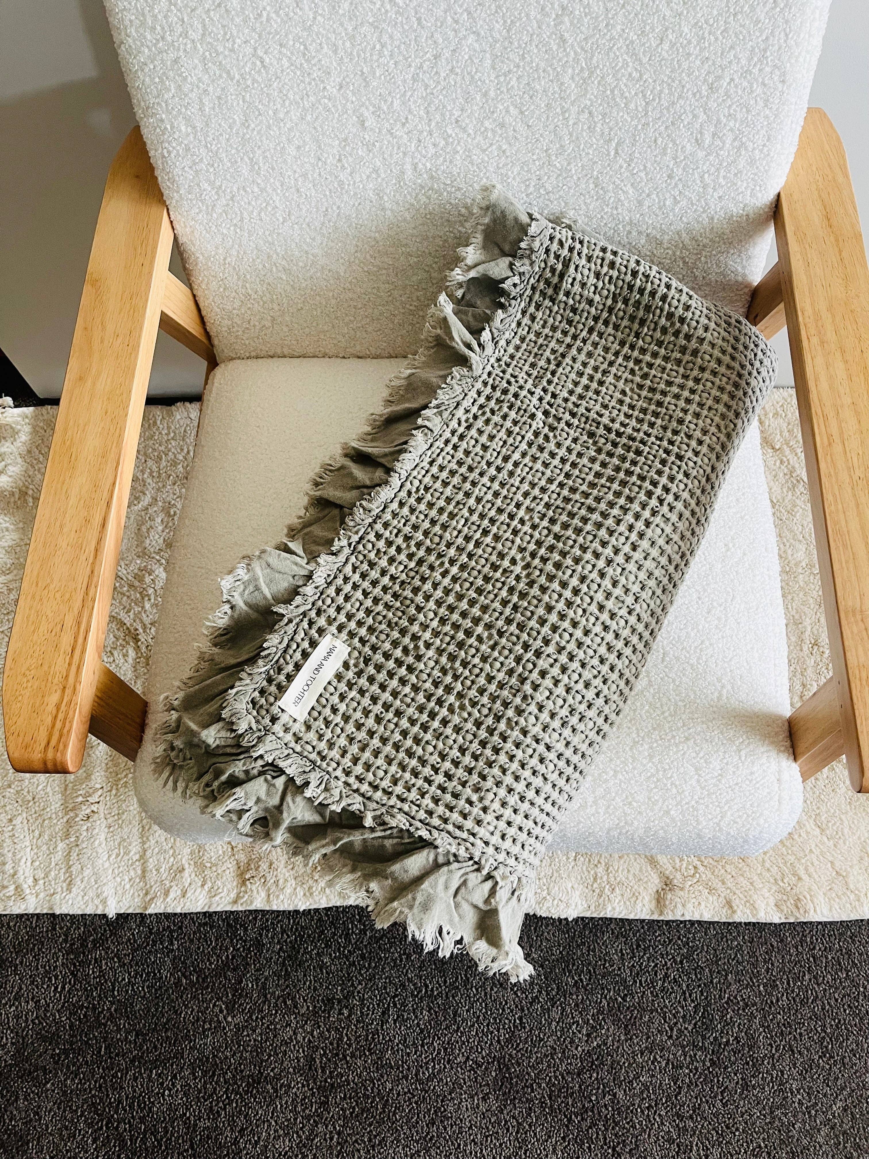 Mama and Tochter - Vendita all'ingrosso Plaid - Coperta rustica a nido d'ape in cotone biologico, colore: kaki1