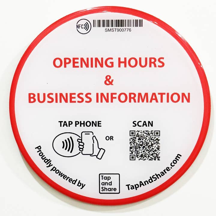Tap and Share - Wholesale Sticker - Tap and Share Contactless Sharing Smart NFC 'Opening Hours & Business Information' Epoxy Sticker + QR code1
