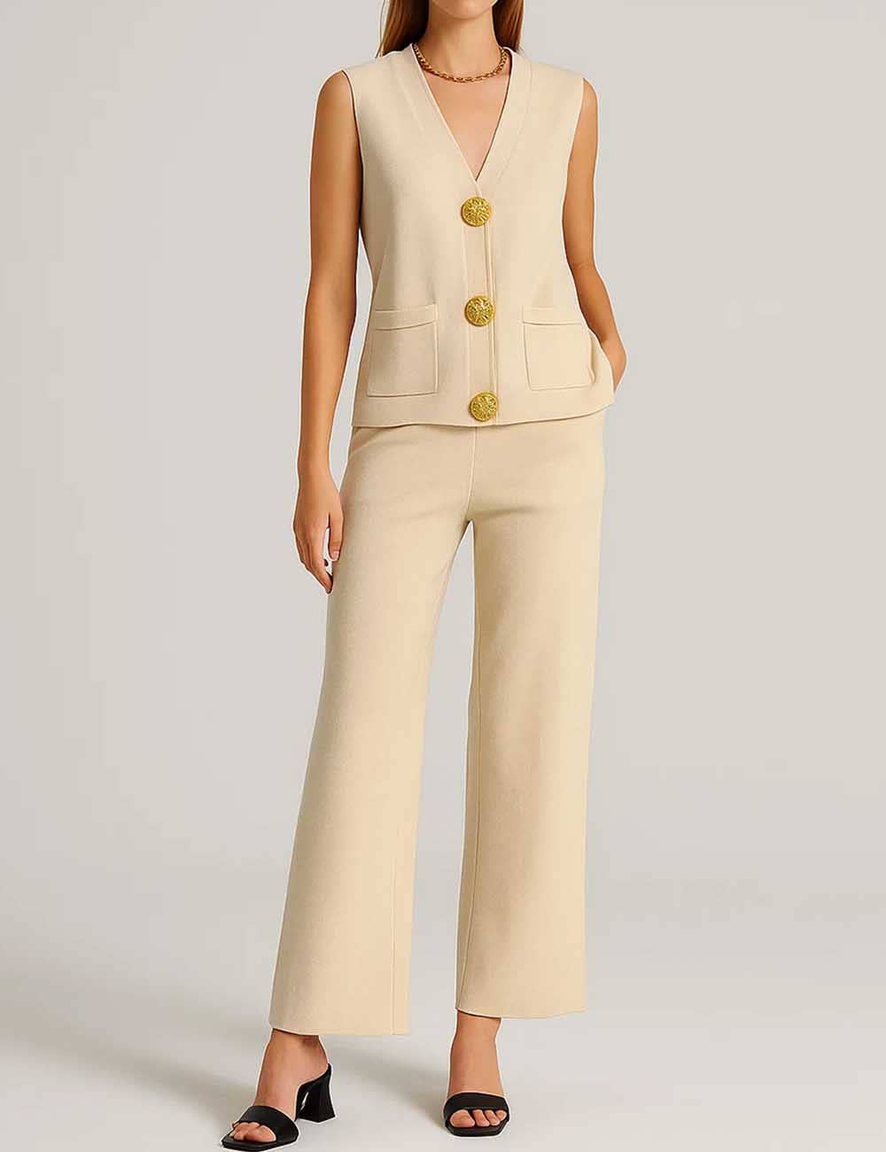 Sweetkama - Vendita all'ingrosso Completo top e pantaloni (NON loungewear) - Donna - Completo 2 pezzi: Gilet e Pantaloni a Maglia con Bottoni e Scollo a V a Tinta Unita da Donna21