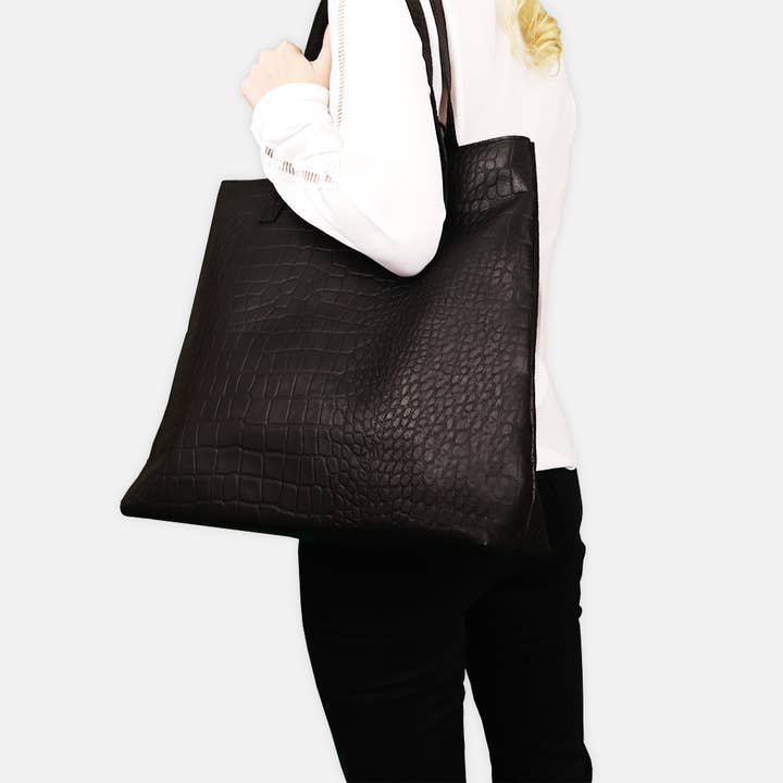 Assots London - Wholesale Tote Bag - Women's - 'FREYA' Black Semi Structured Unlined Croc Leather Tote Bag