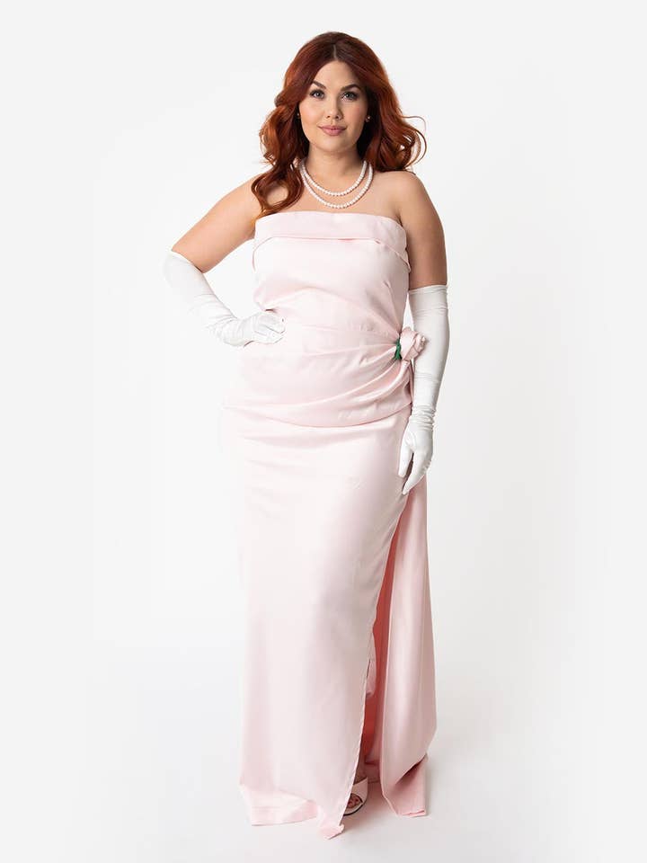 Unique Vintage - Wholesale Gown – Women's - Barbie™ x Unique Vintage Plus Size Pink Satin Strapless Enchanted Evening Gown0