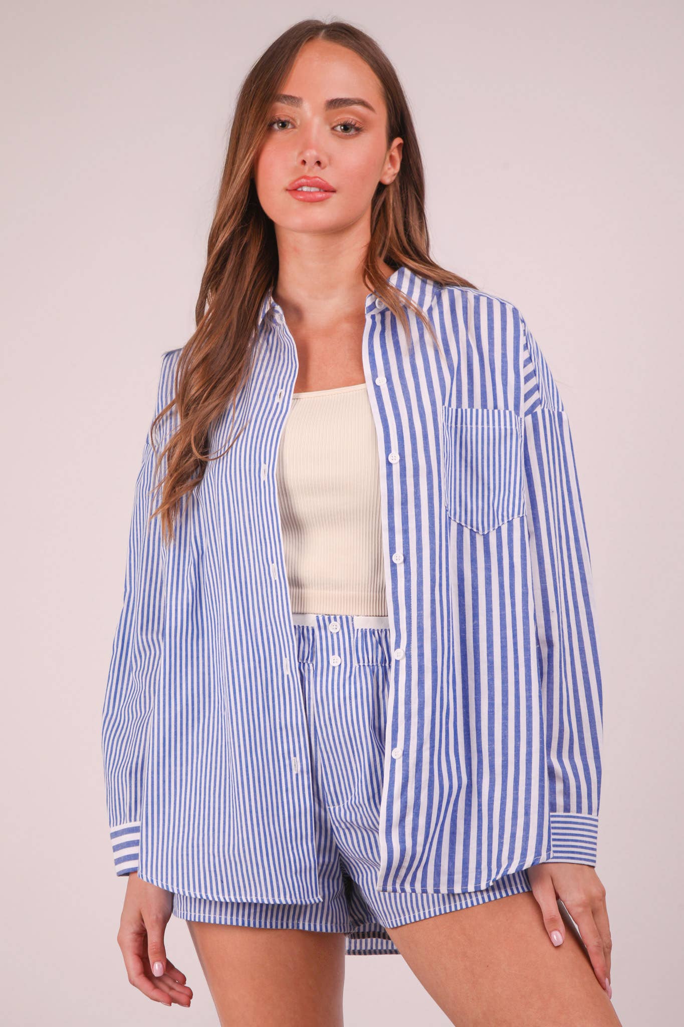 VERY J - Wholesale Lounge Set - Women's - NT12020SET-Striped Oversized Comfy Shirt Top & Shorts Set4