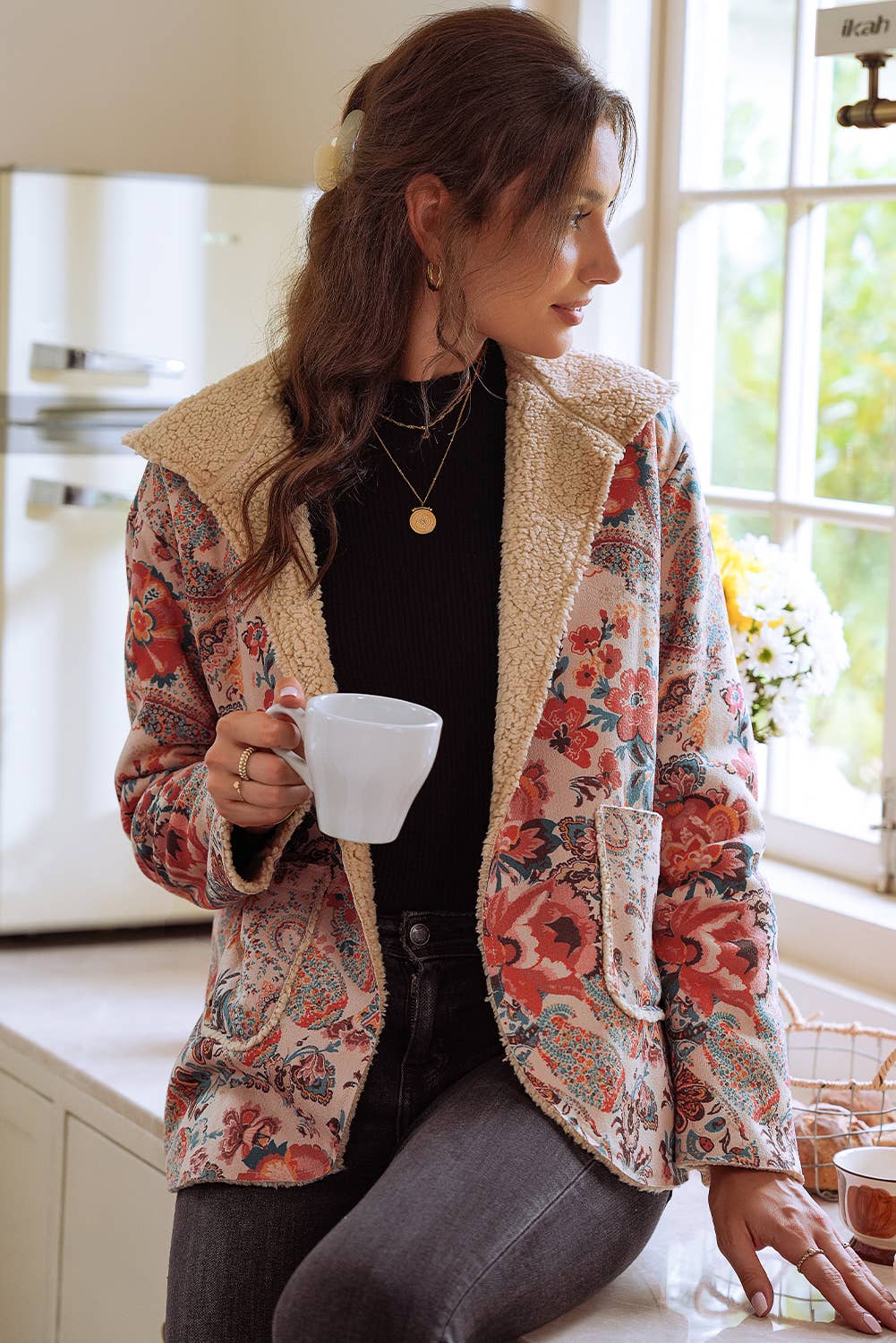 As Shown Vintage Paisley Floral Printed Sherpa Lined Hooded Jacket for wholesale on Faire3