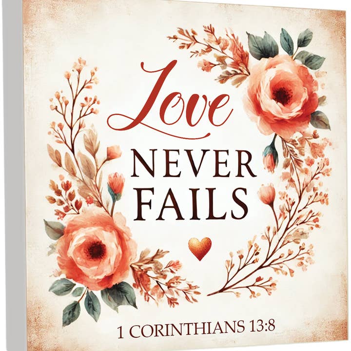 Kärleken upphör aldrig (1 Korinthierbrevet 13:8) Träskylt - Kristen Bröllopsgåva - Rustik Heminredning för wholesale av BeGenuine