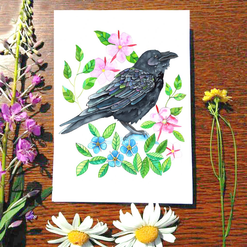 Dancing Raven Designs – Cartão de saudação diária por atacado – 1399.Flores Silvestres e Corvo0