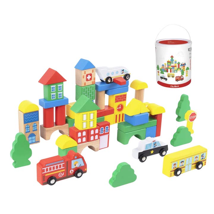 Wooden City Building Blocks & Vehicles Play Set for wholesale by tokiplay