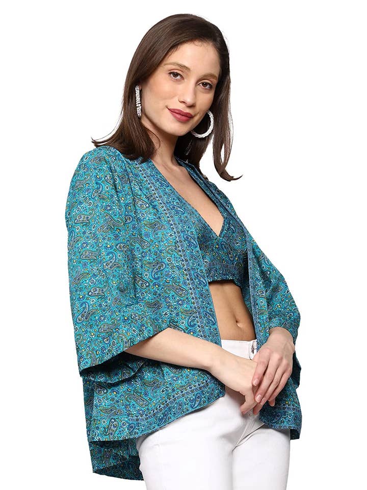 Top casual de mujer con cuello en V profundo de color turquesa con chaqueta para venta al por mayor de NEOSTITCH LLC