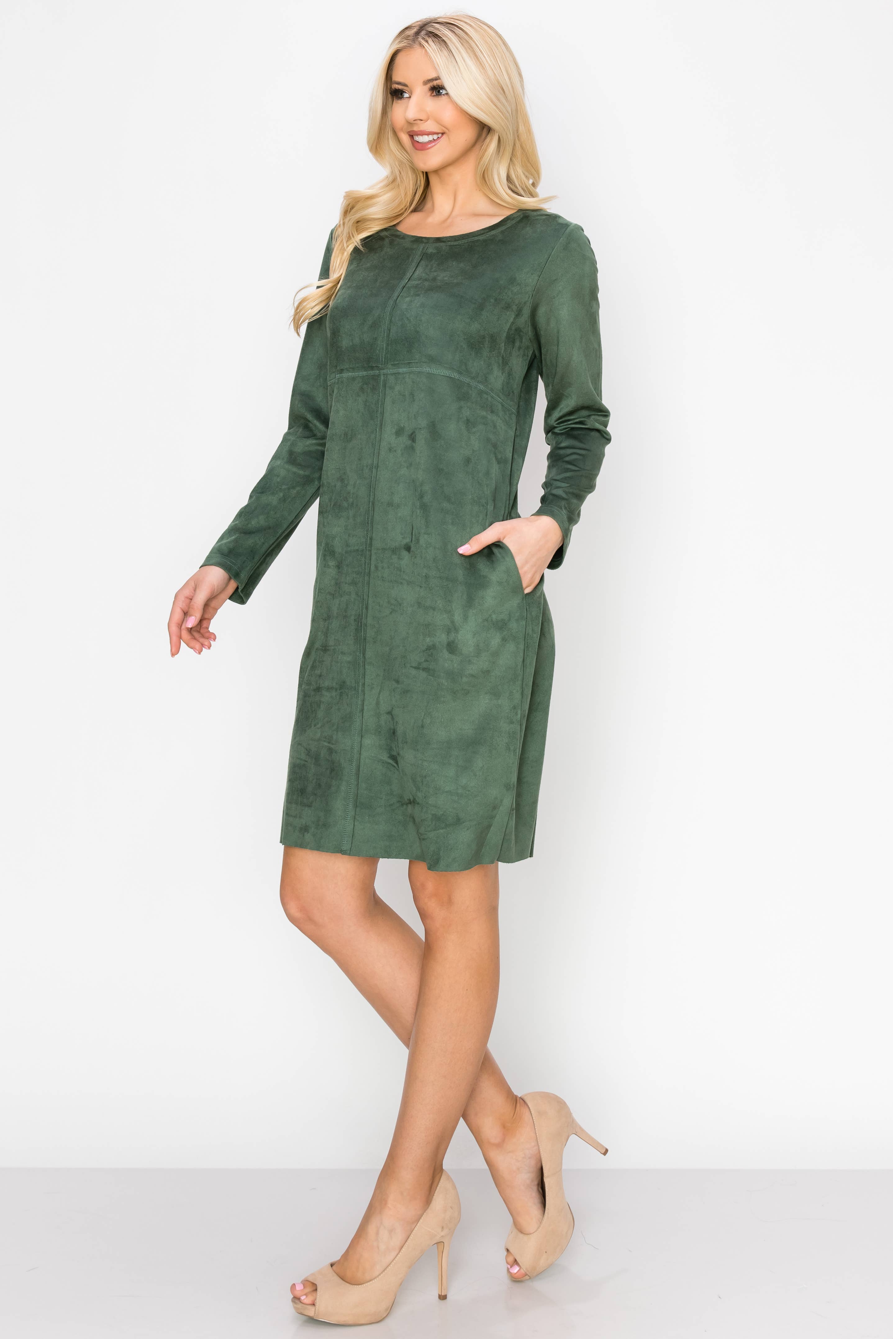 Joh Apparel – wholesale Klänning - Dam – Aurora Stretch Suede Rund-Neck klänning med fickor56