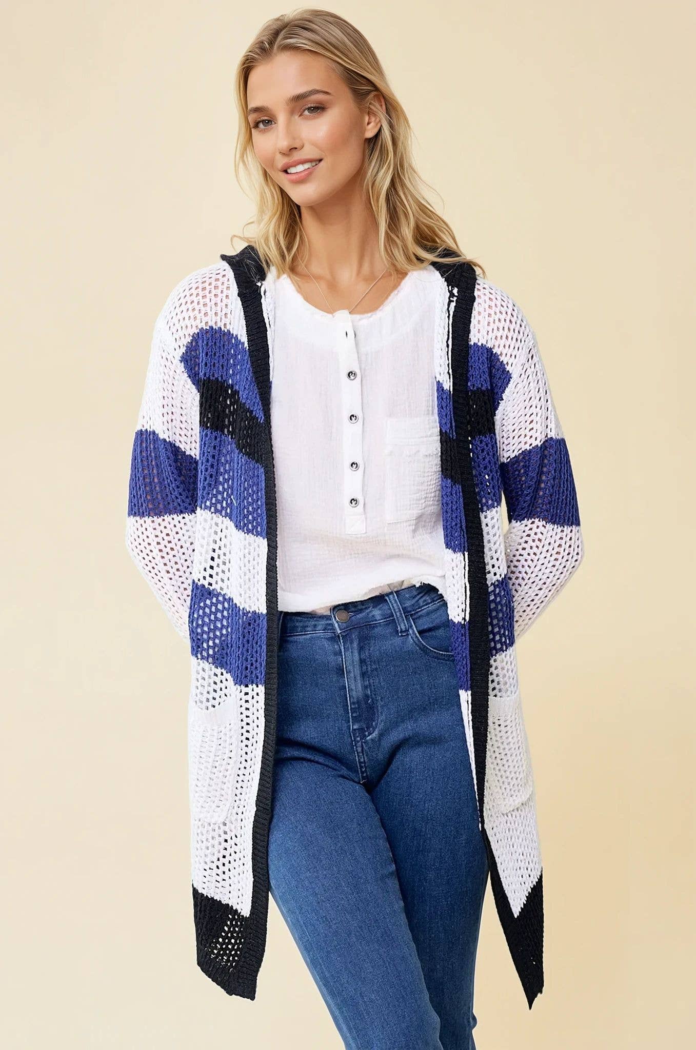 Navy Black Multi Stripe Hoodie Cardigan - 10138J for wholesale on Faire2