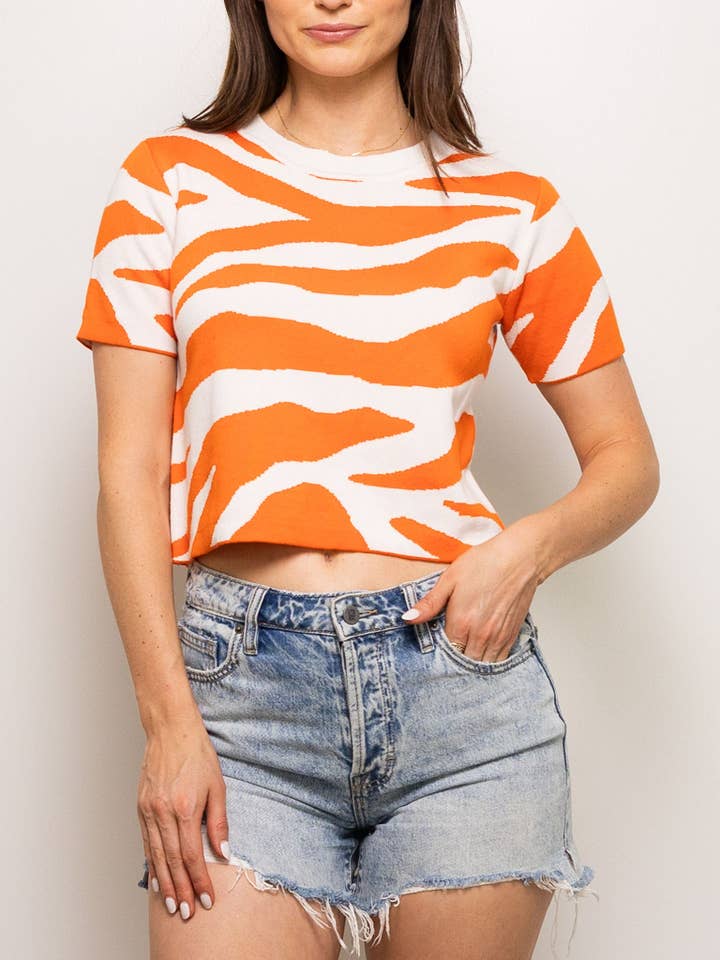 TIGER STRIPE KNIT CROP- ORANGE AND WHITE for wholesale by Sparkle City