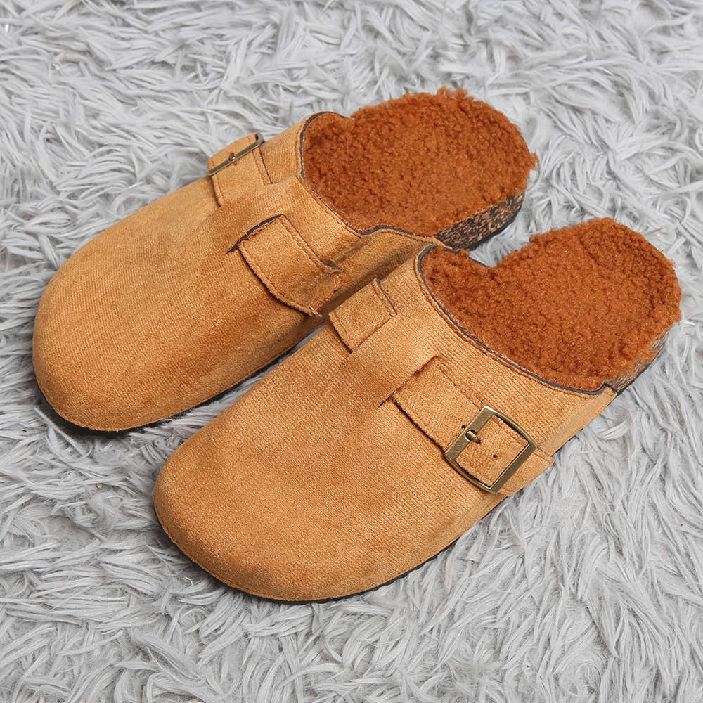 Sensibling Corp. - Vente Chaussons – femme - Mules Sabots en Suédine à Boucle en Fausse Fourrure Solide11