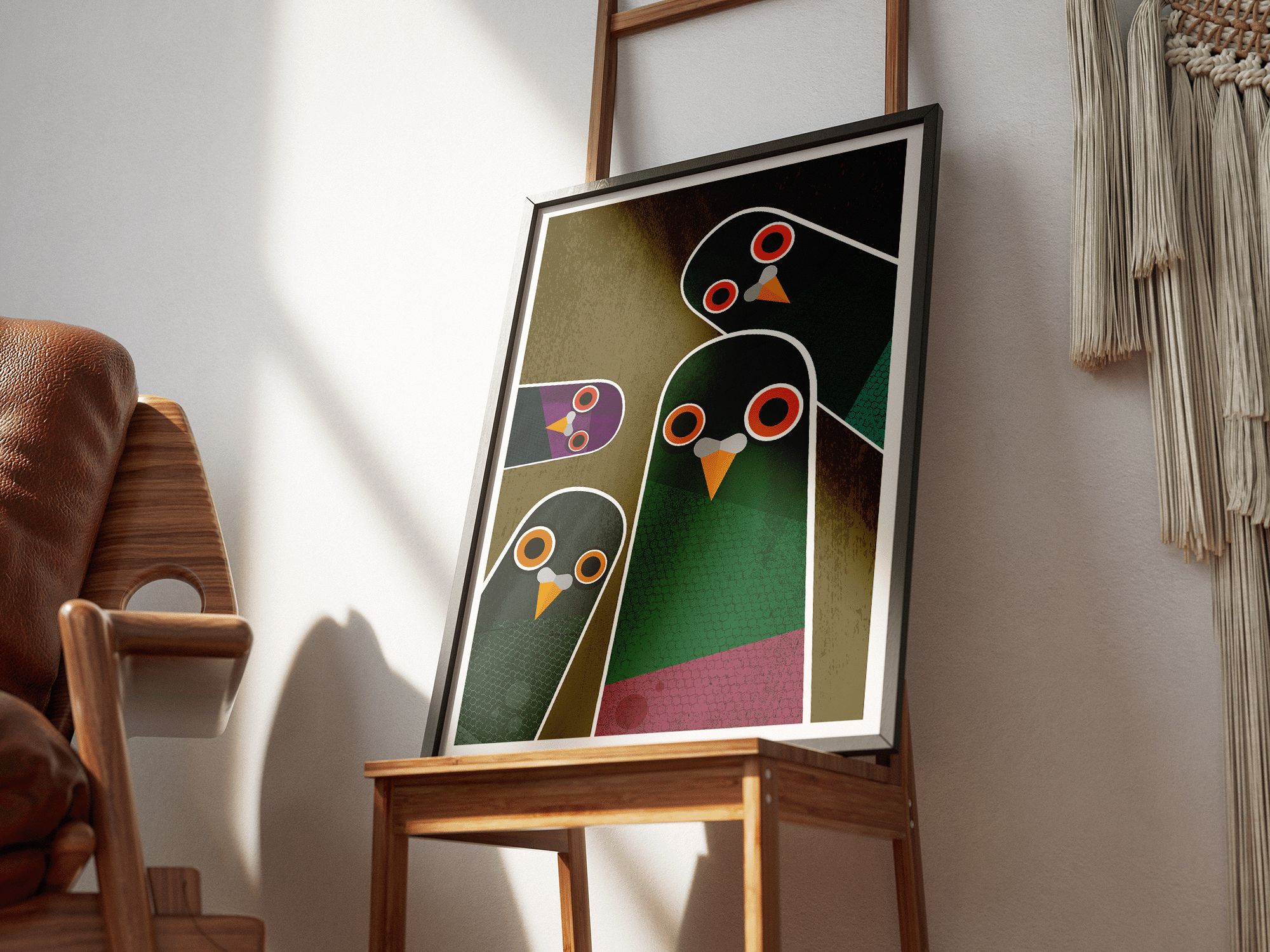 Mr Watson Design – wholesale Art print – Group of Nosy Pigeons  - Retro print2