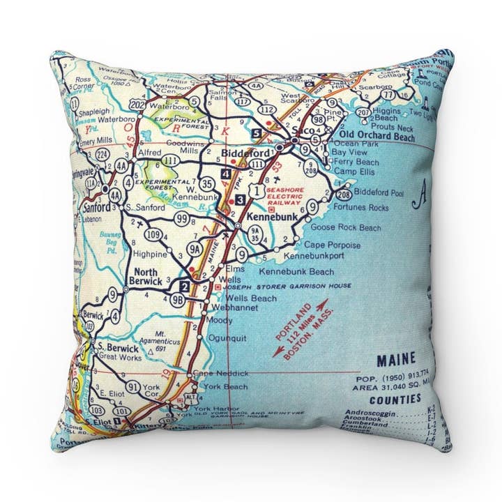 Maine Coast Map Pillow– 18" Square Throw Pillow for wholesale by Daisy Mae Designs