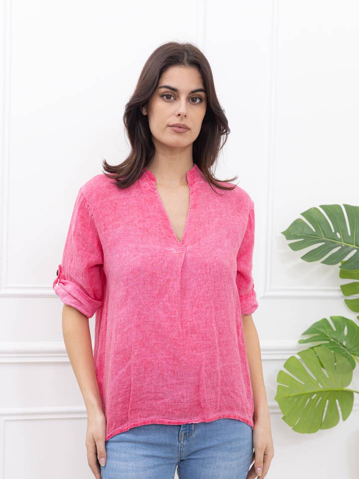 Washed linen blouse with short sleeves and mandarin collar for wholesale by Happy look