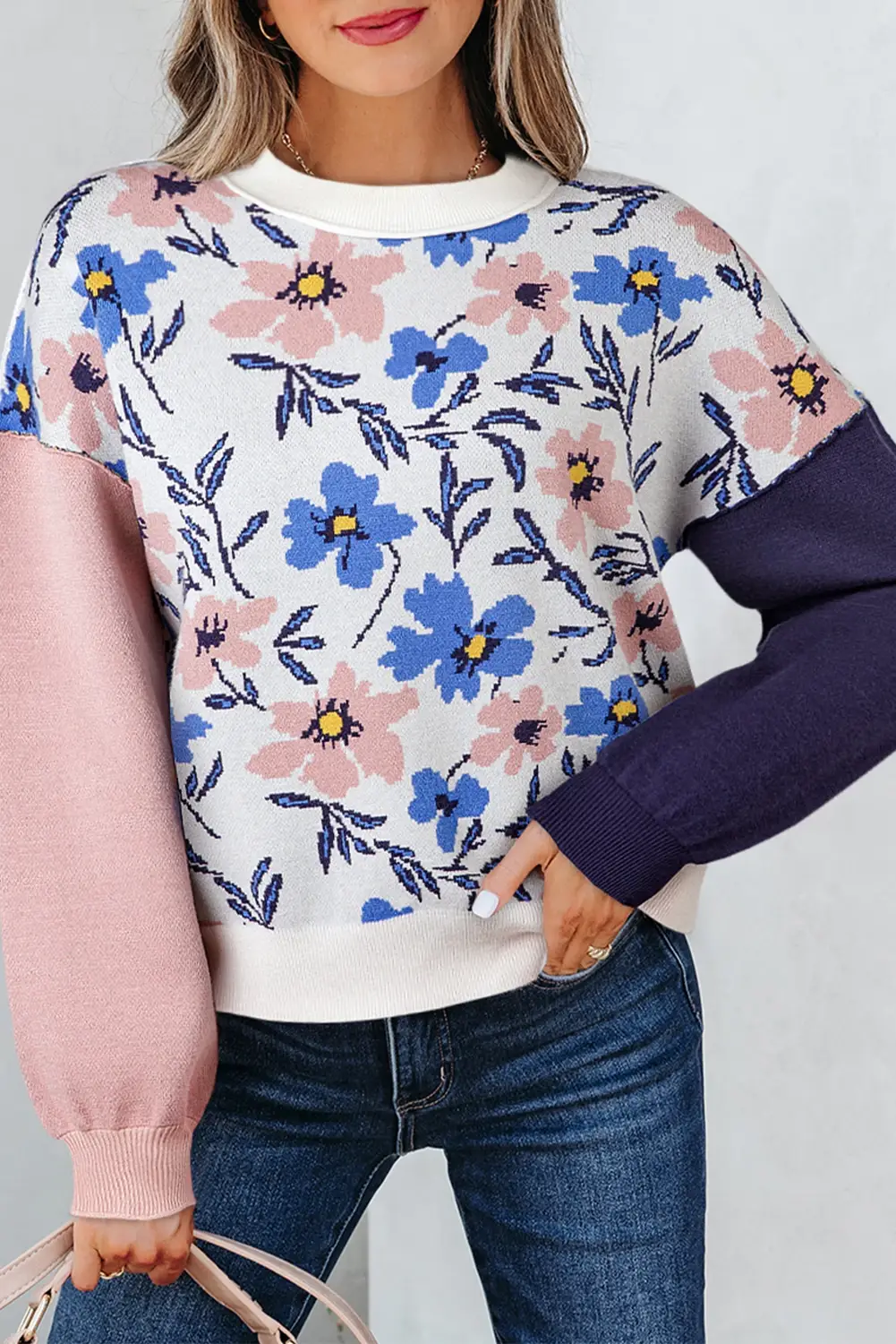 Multi Colored Floral Panel Colorblock Sleeve Patchwork Sweater for wholesale on Faire0