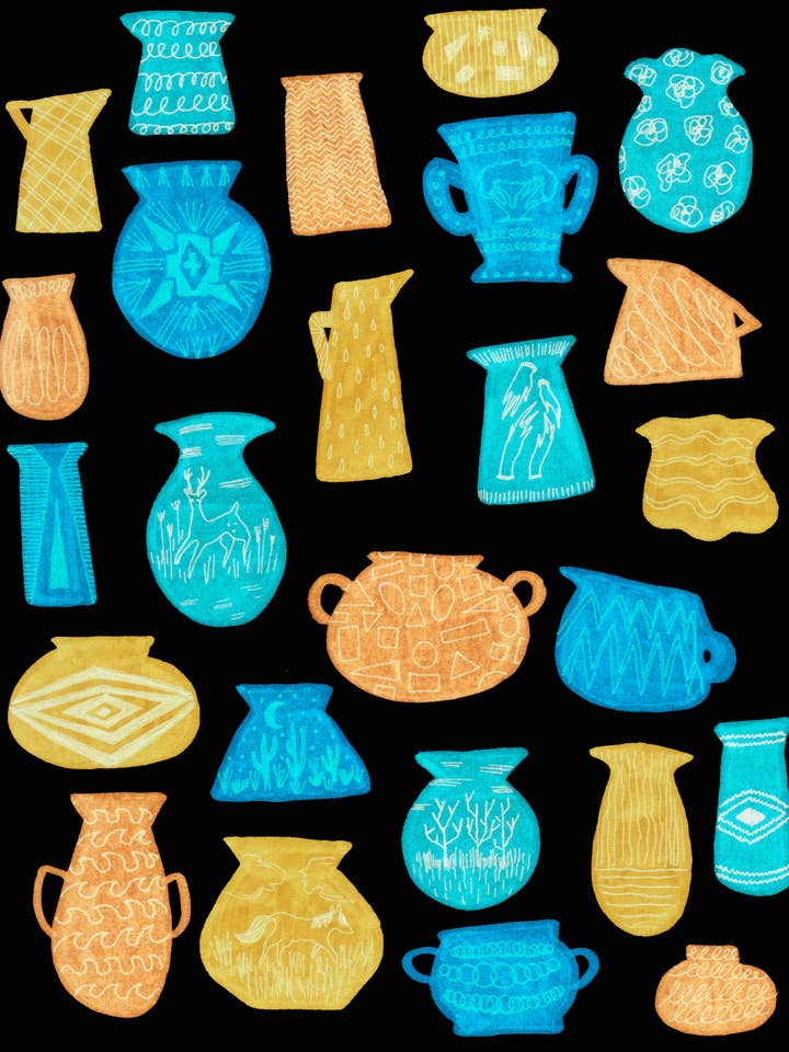 Poterie du milieu du siècle imprimé signé pour la vente par Amanda Laurel Atkins Art + Illustration