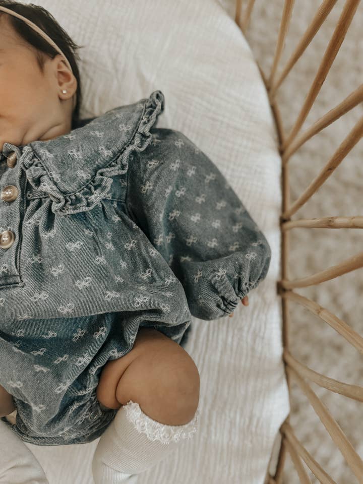 Bow Denim Romper and other Purchase Wholesale bow romper. Free Returns & Net 60 Terms on Faire trending on Faire.