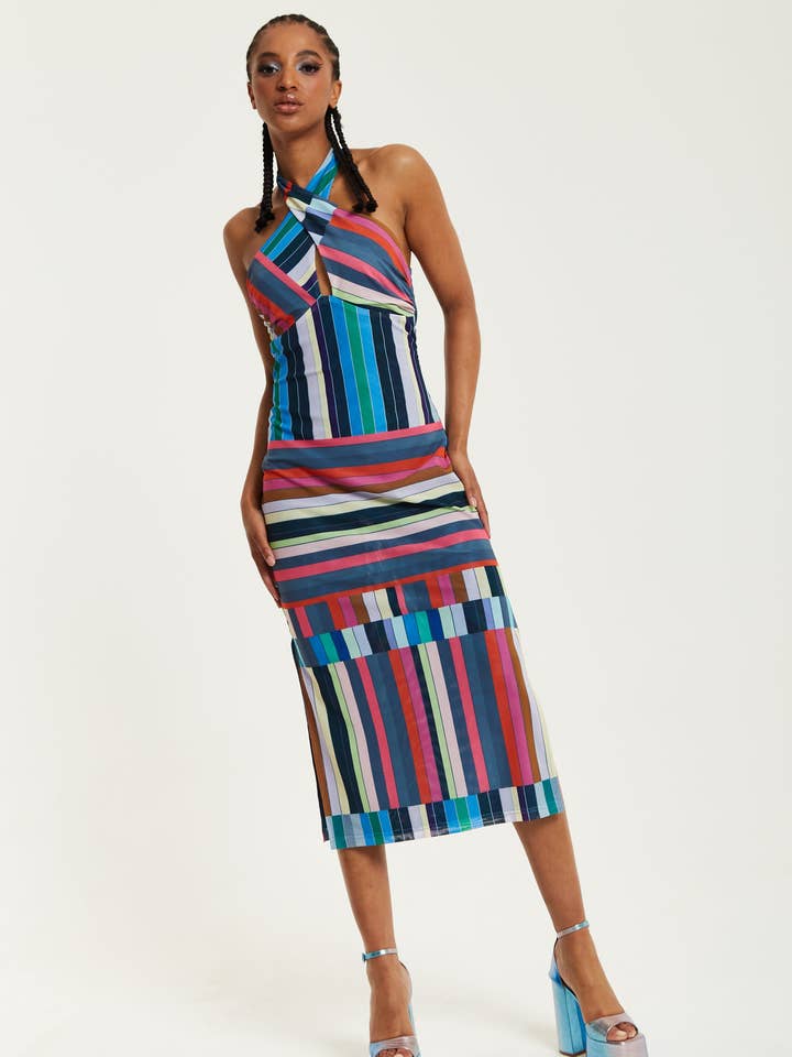 House of Holland Colour Bar Halter Neck Midi Dress for wholesale by House Of Holland
